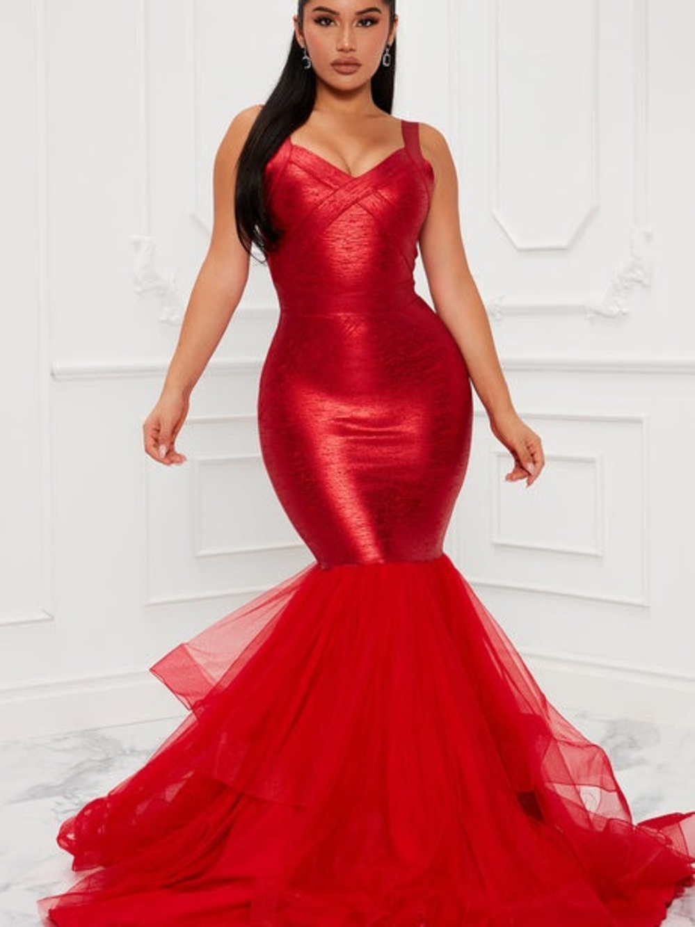 Fashion Nova Red Mermaid Prom Dress with Tulle Skirt